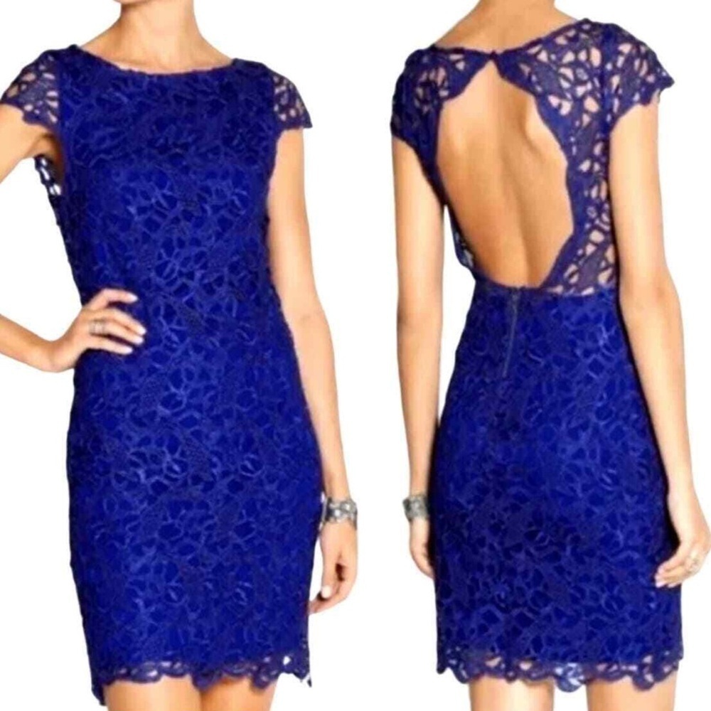 Alice + Olivia Lace Clover Backless Sheath Mini Dress Flutter Cap Sleeves Blue